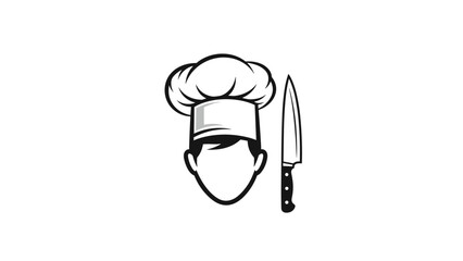 Obraz premium Minimalist chef icon shows a male head wearing a tall white toque next to a sharp kitchen knife for culinary and cooking themes.