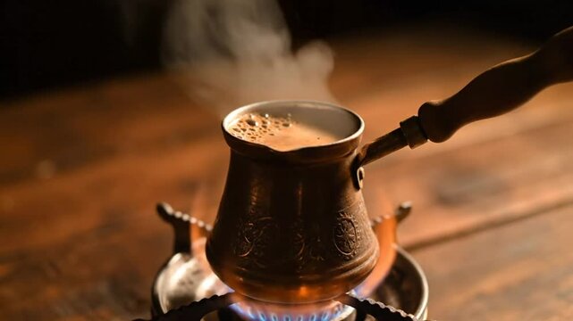 Brewing traditional Turkish coffee on a gas stove with steam rising from the hot beverage