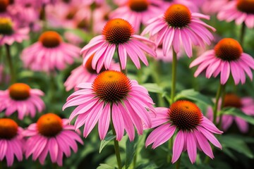 Obraz premium Echinacea flowers showcasing pink petals and orange centers in a field