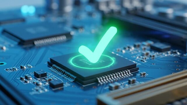 Computer chip circuit board technology with glowing green check mark showing successful data processing and validation