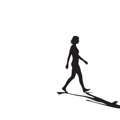 Fototapeta premium Woman silhouette walking with long shadow on white background vector illustration minimalist design female figure striding forward casting elongated dark form across empty space