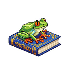 緑色のカエルが青い本の上に座る