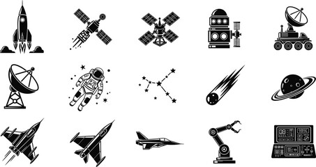 Space technology icon set featuring rockets satellites astronauts robots telescopes and spacecraft, black silhouettes isolated on white background for science aerospace and futuristic design projects © Mst