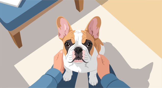 Affectionate hands cradle a fawn and white French bulldog, looking up expectantly