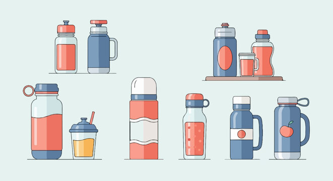 Assorted reusable beverage containers in blue and coral tones