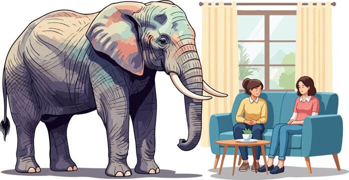 An elephant stands in a living room with two women on a sofa
