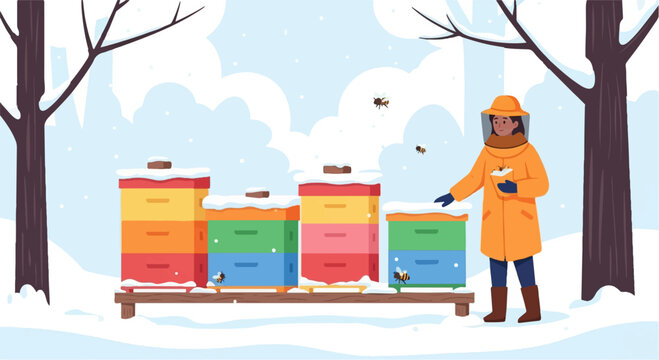 Beekeepers tending hives in a snowy winter landscape