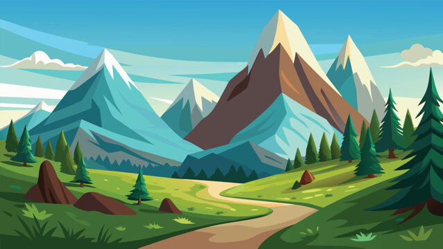 Majestic mountain peaks with a winding path through a lush green valley landscape Vector