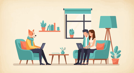 Plakat Anthropomorphic dog and couple work on laptops in cozy home setting