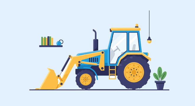 Blue and yellow backhoe loader with shovel, plant, and books