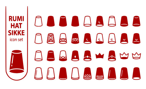 Rumi Hat Sikke Cylindrical-Hat Sufi-Headwear Dervish-Crown Spiritual-Headpiece Mevlevi-Hat Tall-Hat Vector Icon Set - Sufi Hat
