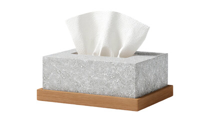 Tissue box; square container holding tissues with wood base, white facial napkins