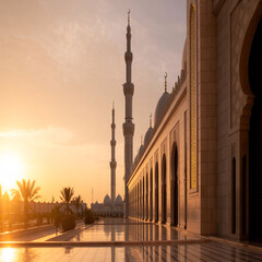 Serene sunset view of a grand mosque with towering minarets and reflection in water