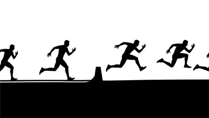 Silhouetted runners in motion against a vibrant sunset sky