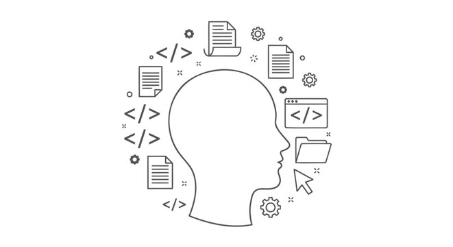 Vector illustration of human head surrounded by coding symbols and computer icons, for website or app development concept, isolated on transparent background, png