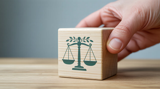 Hand holding wooden block with justice scale symbol on table