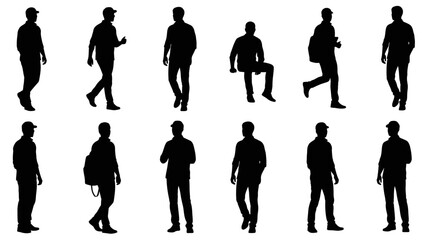 Collection of black silhouettes depicting various male figures in different poses