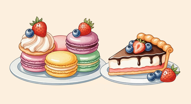 Colorful macarons stacked with a slice of pie topped with berries