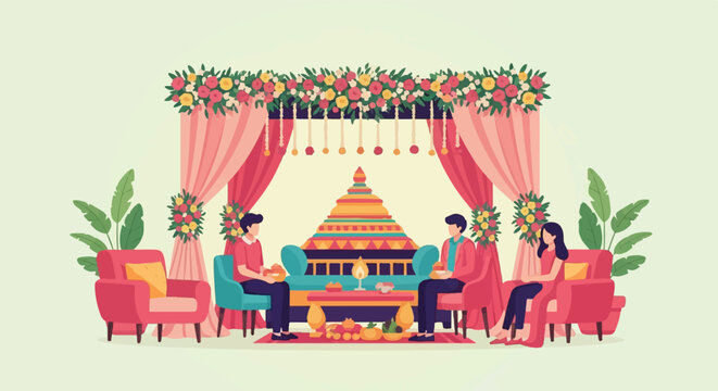 Colorful wedding ceremony setup with floral decorations and seated guests