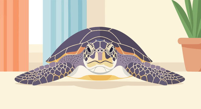 Close up cartoon turtle with patterned shell, facing forward indoors