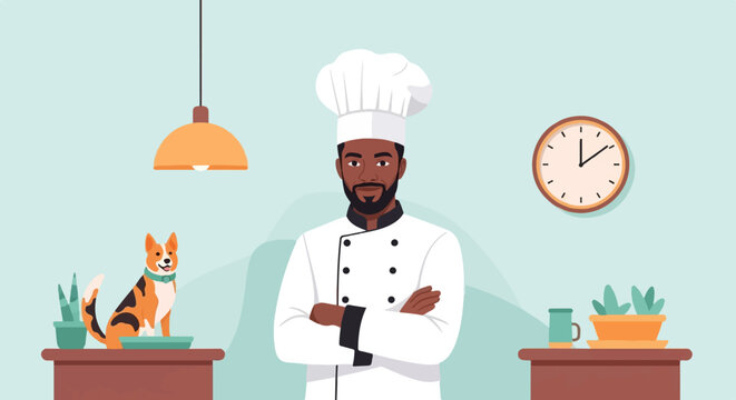 Confident chef in uniform with a dog and a clock in a bright room