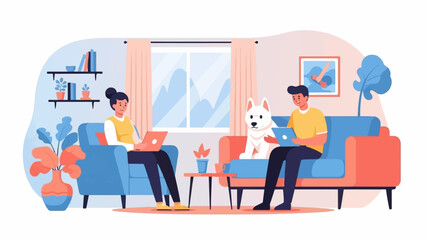 Obraz na płótnie Canvas Couple and dog relaxing on couches, using laptops, home interior