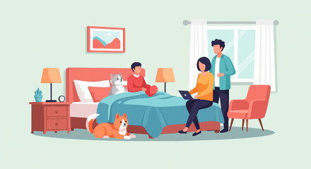 Naklejka na ściany i meble Couple and pets relax in bedroom with window and armchair