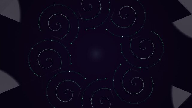 Dark blue background with swirling spiral patterns and glowing dots.