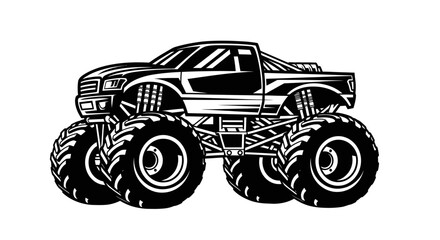 Monster Truck Illustration - Rugged Off-Road Vehicle, Big Tires, Black and White © mus