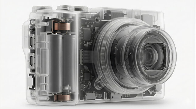 Detailed 3D render of a professional mirrorless camera with a transparent outer shell, revealing intricate internal electronics, copper wiring, gear systems, and lens optics