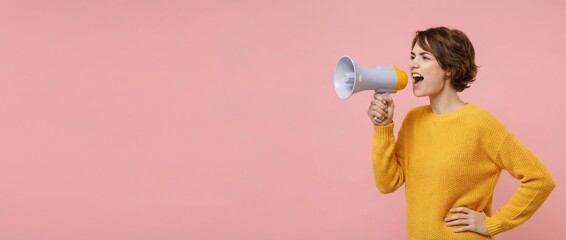 Empowering change woman speaking into megaphone pink background lifestyle image urban environment side view advocacy and activism concept for social impact