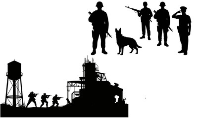 Obraz premium silhouette of soldiers and dog in various military poses with industrial structures military operations and equipment