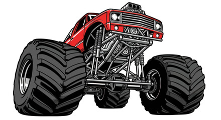Red Monster Truck with Large Tires and Engine Detail © Roni