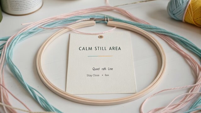 Calm Still Area Craft Setup with Colorful Yarn and Embroidery Hoop for Creative Relaxation and Mindful Art Projects