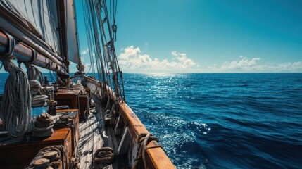A deep blue ocean under a clear sky, vintage nautical aesthetic
