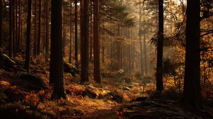 A deep brown forest in autumn, rich and cozy atmosphere