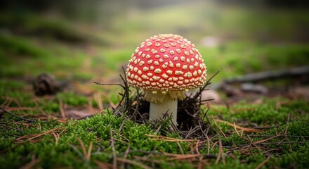 Red and white fly agaric mushroom surrounded by green moss in forest setting with soft focus background