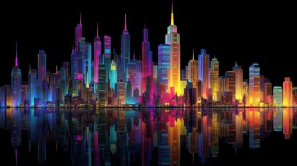 A bold neon cityscape with glowing blues, pinks, and yellows