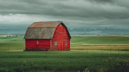 A bold red barn in a green field, vintage Americana aesthetic