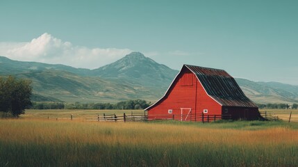 A bold red barn in a green field, vintage Americana aesthetic