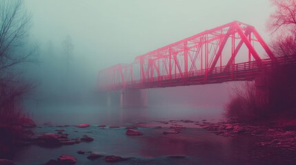 A bold red bridge over a misty river, retro cinematic atmosphere