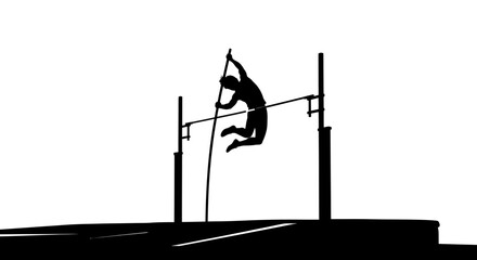Silhouette of athlete pole vaulting over crossbar against white background