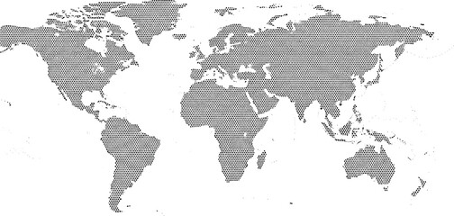 Fototapeta premium Stylized dotted world map showing continents in minimalist black-and-white abstract geographic artistic representation