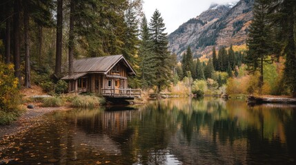 A brown-toned mountain cabin by a lake, rustic and peaceful