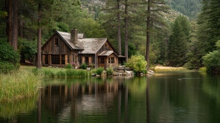A brown-toned mountain cabin by a lake, rustic and peaceful