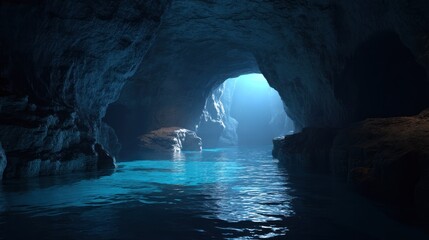 A deep blue cave with glowing water, mysterious and serene