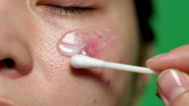 Close Up of Applying Ointment to Facial Blemishes with Cotton Swab Against Green Screen Background