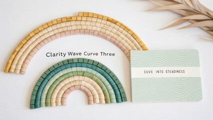 Colorful wooden arcs and shapes arranged artistically with a calming card to enhance creativity and mindfulness practices