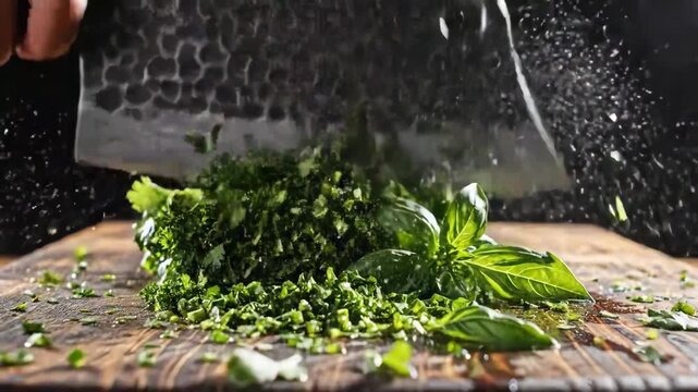 Close-up of a chef chopping fresh green herbs with a large cleaver knife on a wooden cutting board.