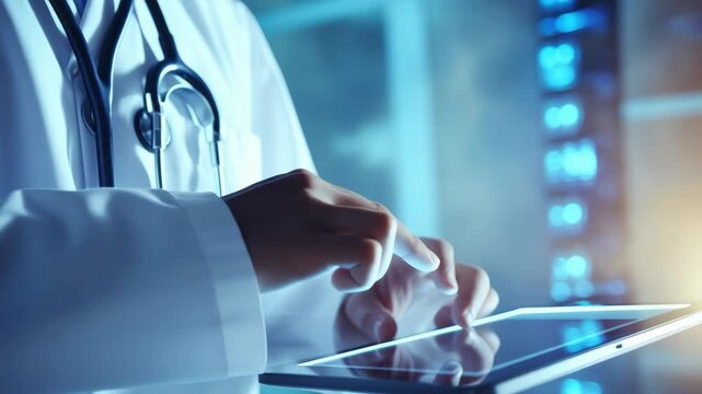 Doctor using a tablet computer in a hospital setting with blue illuminated wall and medical equipment.